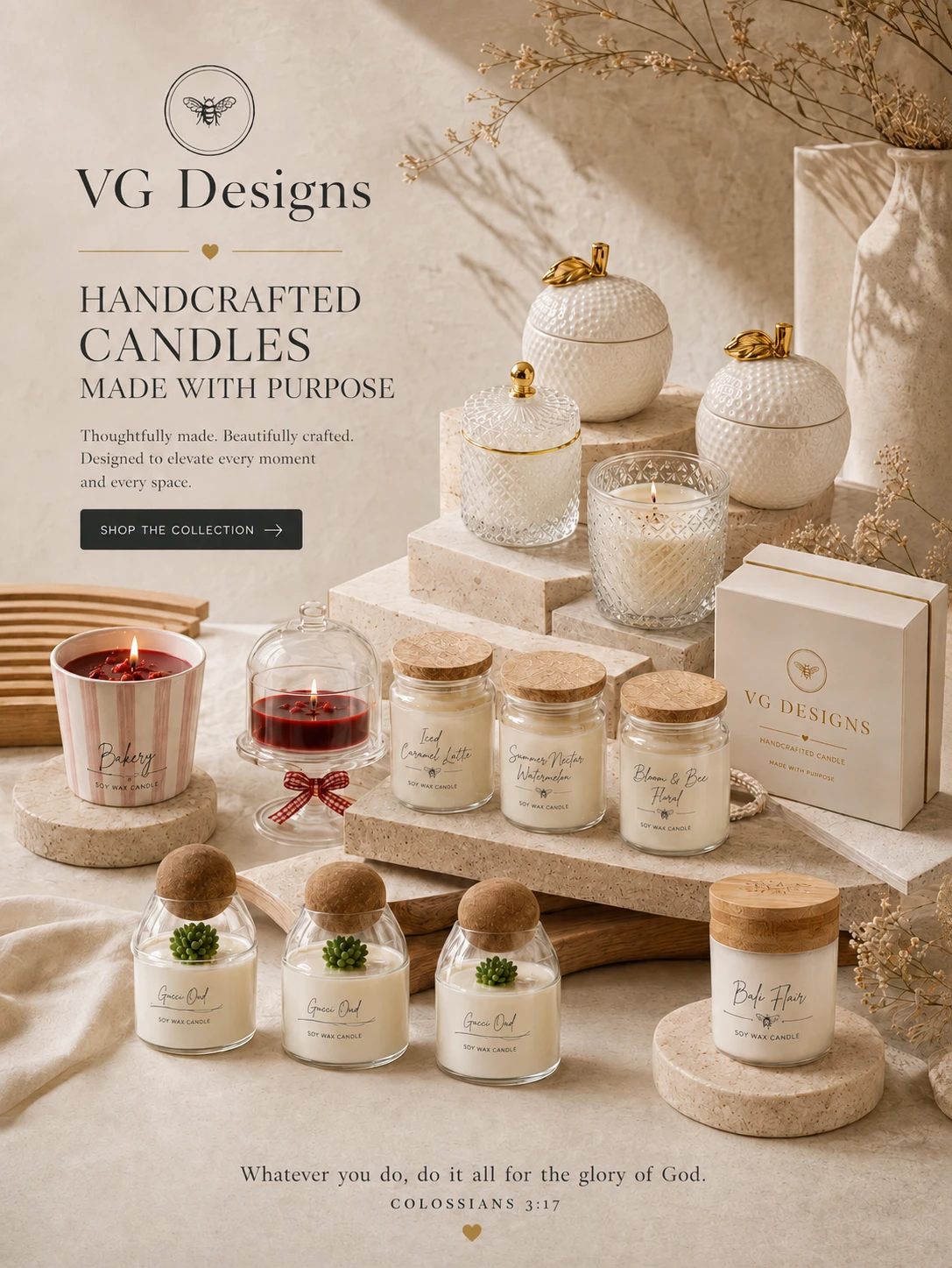 The V G Designs candle collection displayed on carved stone plinths.